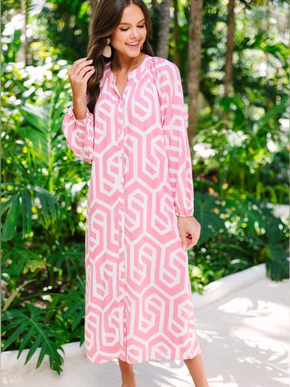 Entro Women’s Pink Geometric‎ Button-Front Long Sleeve Midi Dress Size M NWOT